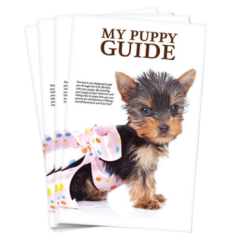 My Puppy Guide Booklet,"Stack of puppy guide booklets with puppy photo on cover"
