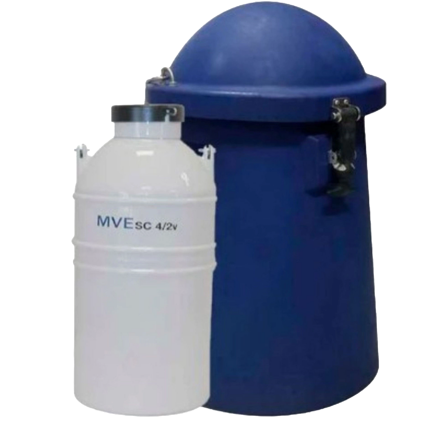 Newly Designed Next Generation Vapor Shipper,"Blue canister with domed lid beside white insert container"
