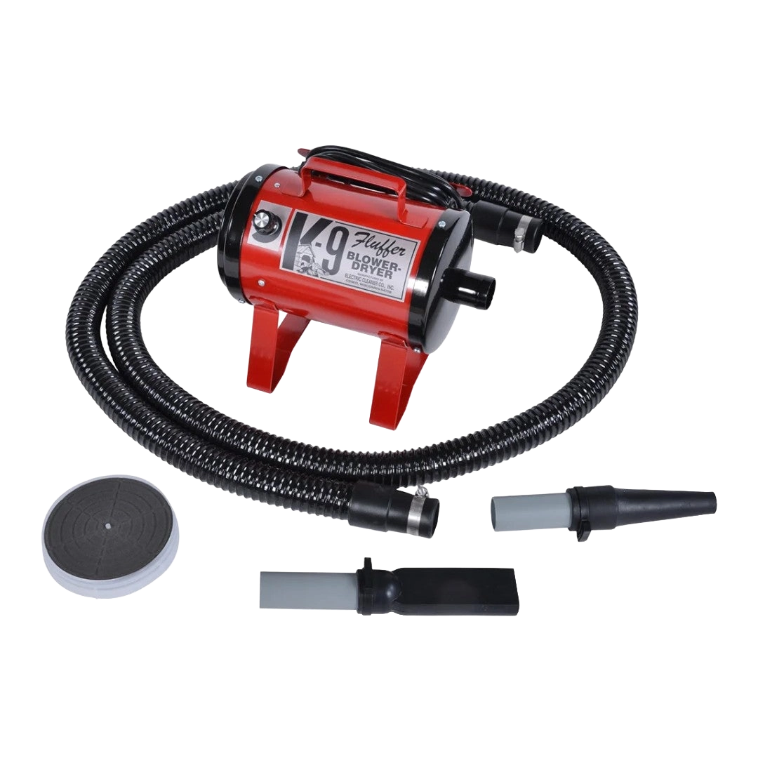 K-9 Fluffer Dog Dryer & Dog Fluffer,"Red pet dryer with black hose and nozzle attachments"