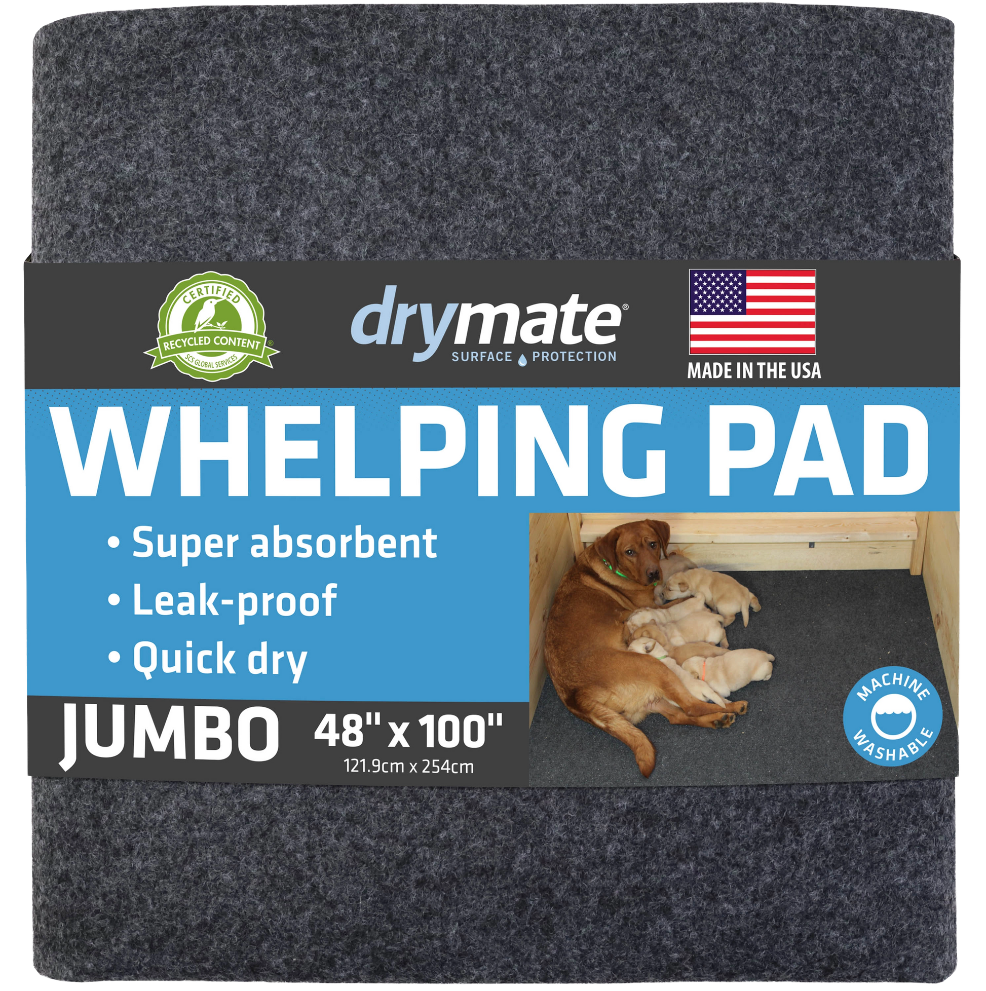 Whelping Pads for Dogs,"Folded gray pad with product wrap around the front"