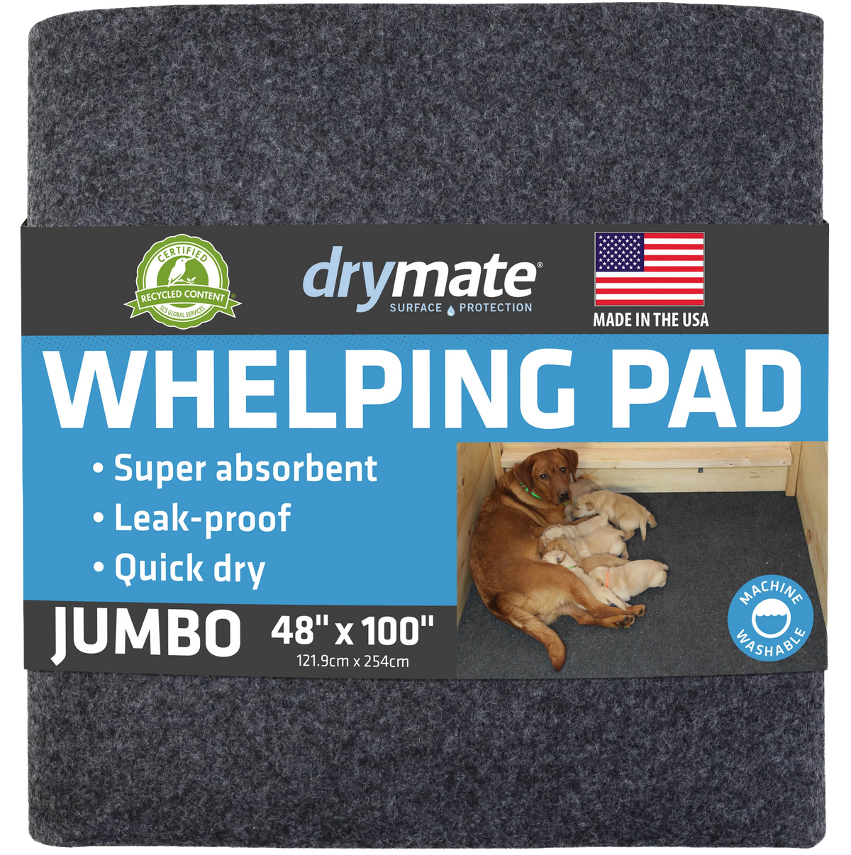 Whelping Pads for Dogs,"Folded gray pad with product wrap around the front"