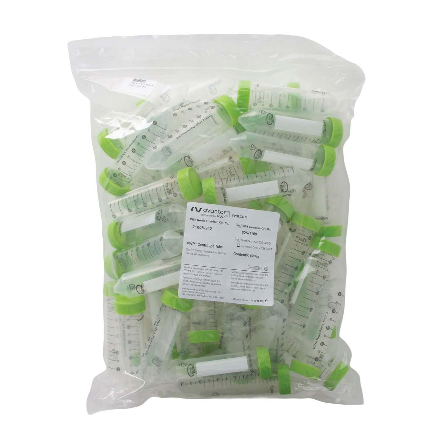 50 ml VWR Ultra High Performance Centrifuge Tubes Sterile, Conical End,"Bag of clear conical centrifuge tubes with green caps"