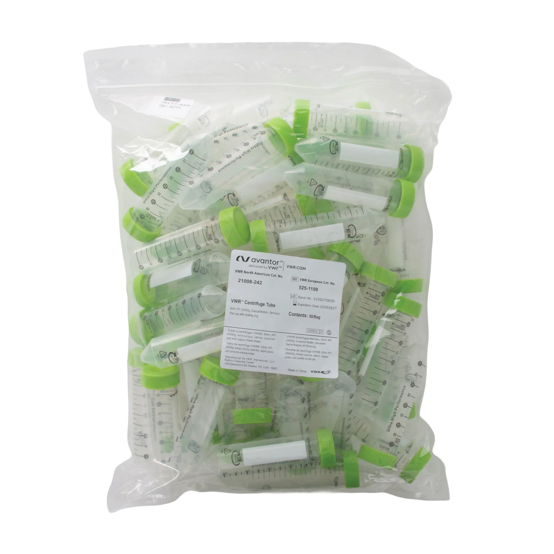 50 ml VWR Ultra High Performance Centrifuge Tubes Sterile, Conical End,"Bag of clear conical centrifuge tubes with green caps"