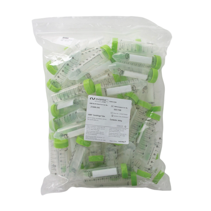 50 ml VWR Ultra High Performance Centrifuge Tubes Sterile, Conical End,"Bag of clear conical centrifuge tubes with green caps"