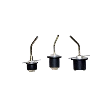 MVE Pouring Spout,"Three angled metal pouring spouts with black stoppers"