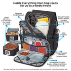 Ultimate Week Away Backpack,"Black pet travel backpack with food containers, bowls, and placemat"
