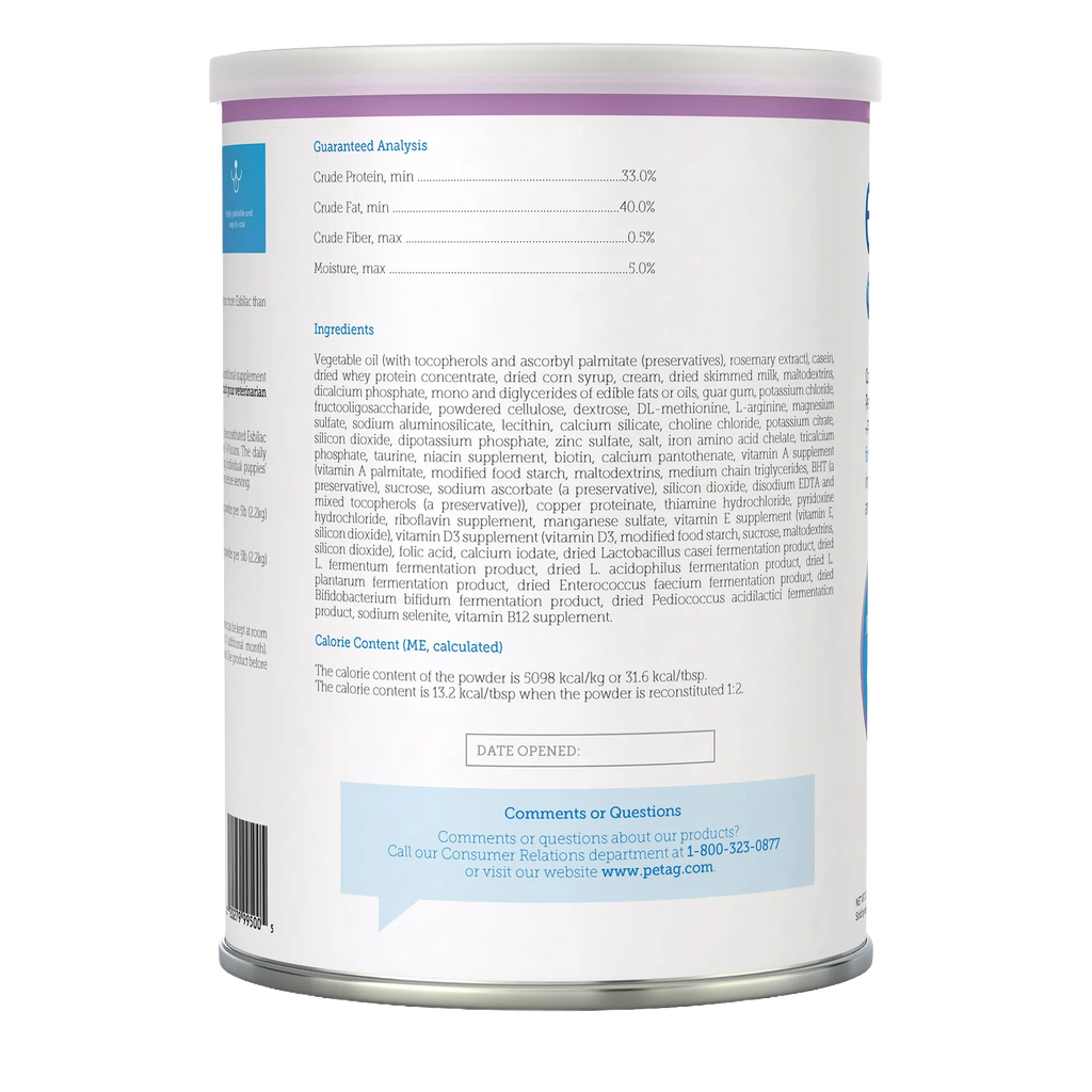 Esbilac® Puppy Milk Replacer,"Back of powder can with nutrition label and ingredients panel"