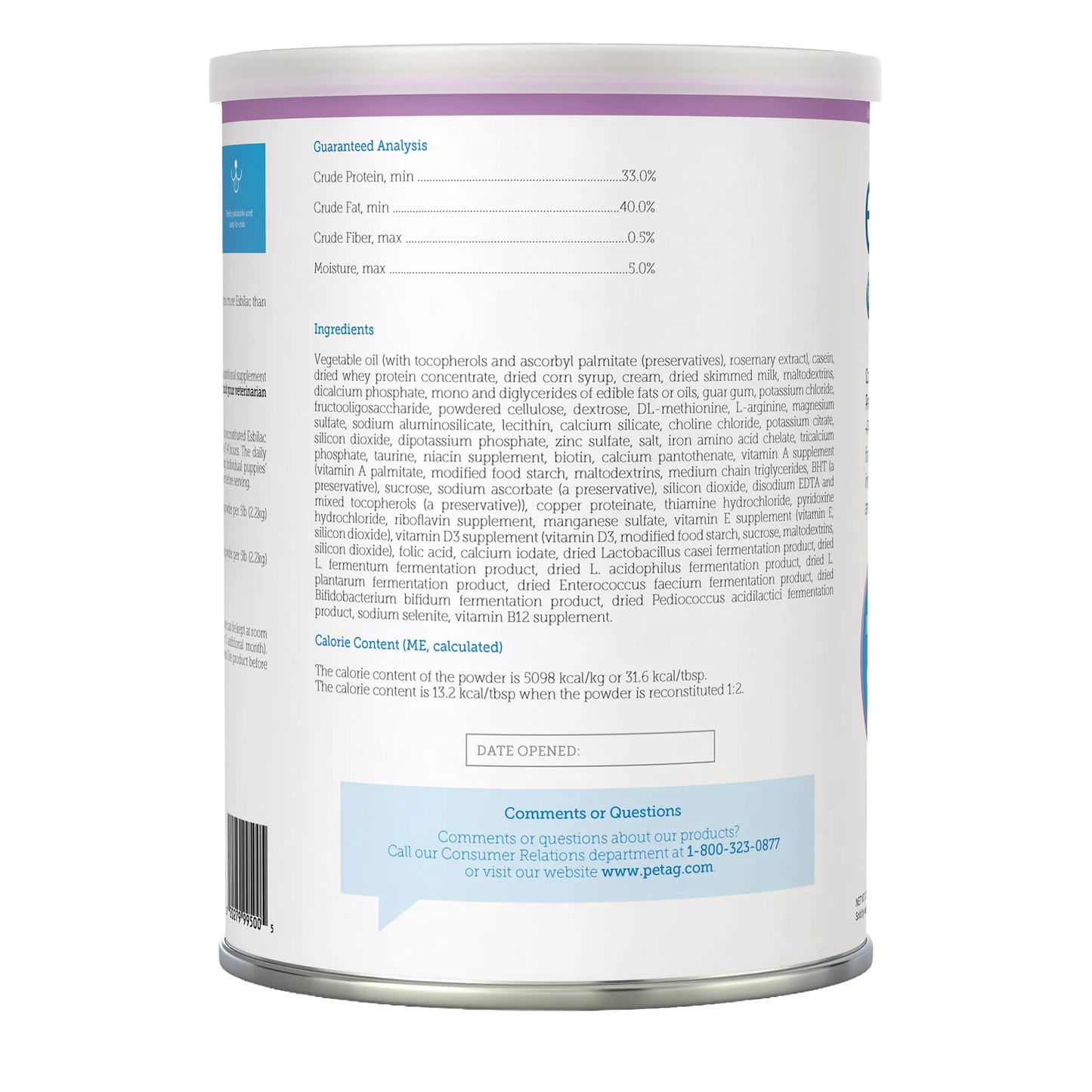 Esbilac® Puppy Milk Replacer,"Back of powder can with nutrition label and ingredients panel"
