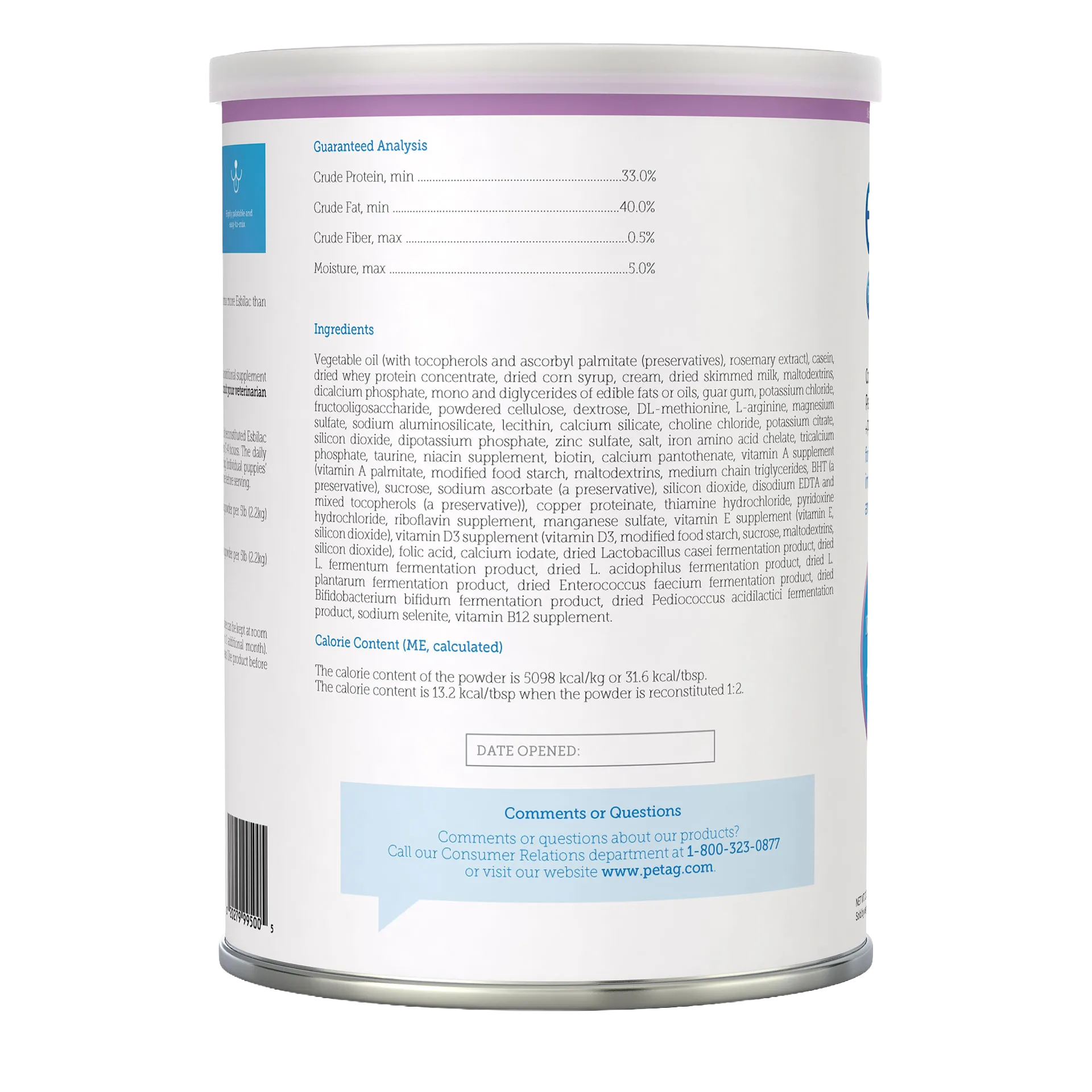 Esbilac® Puppy Milk Replacer,"Back of powder can with nutrition label and ingredients panel"