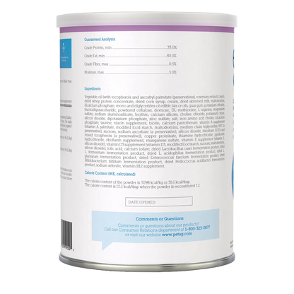 Esbilac® Puppy Milk Replacer,"Back of powder can with nutrition label and ingredients panel"