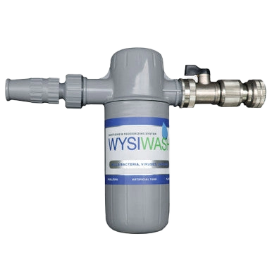 Wysiwash® Sanitizing System,"Gray hose-end dispenser with cylindrical bottle"