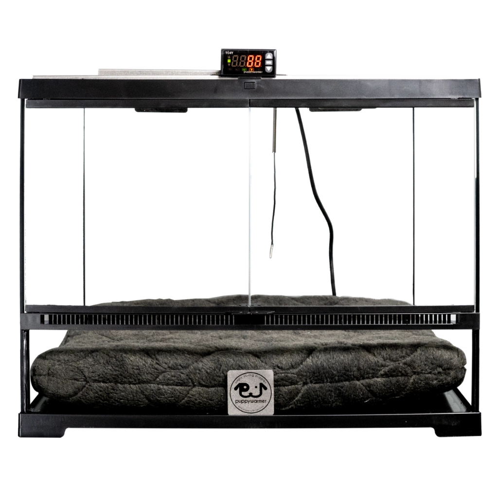 Puppywarmer® Puppy Incubator,"Glass-front incubator with digital controller and gray pad"