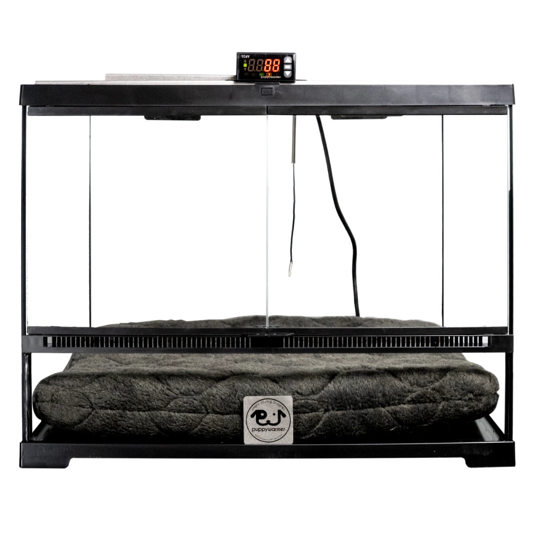 Puppywarmer® Puppy Incubator,"Glass-front incubator with digital controller and gray pad"