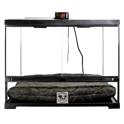 Puppywarmer® Puppy Incubator,"Glass-front incubator with digital controller and gray pad"