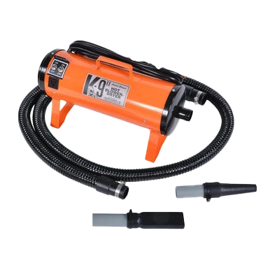 K-9 II Dog Dryer With FREE Water Peeler,"Orange dog dryer with hose and two nozzle attachments"