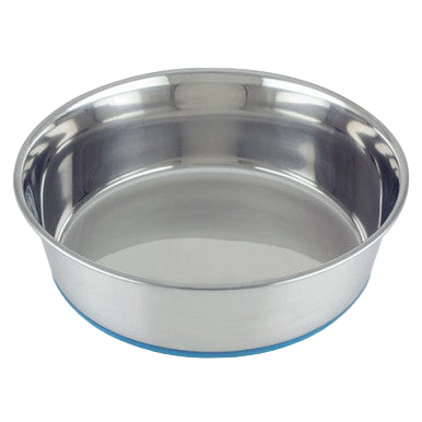 Heavy Premium Pet Dishes,"Stainless steel pet dish with blue rubber base ring"
