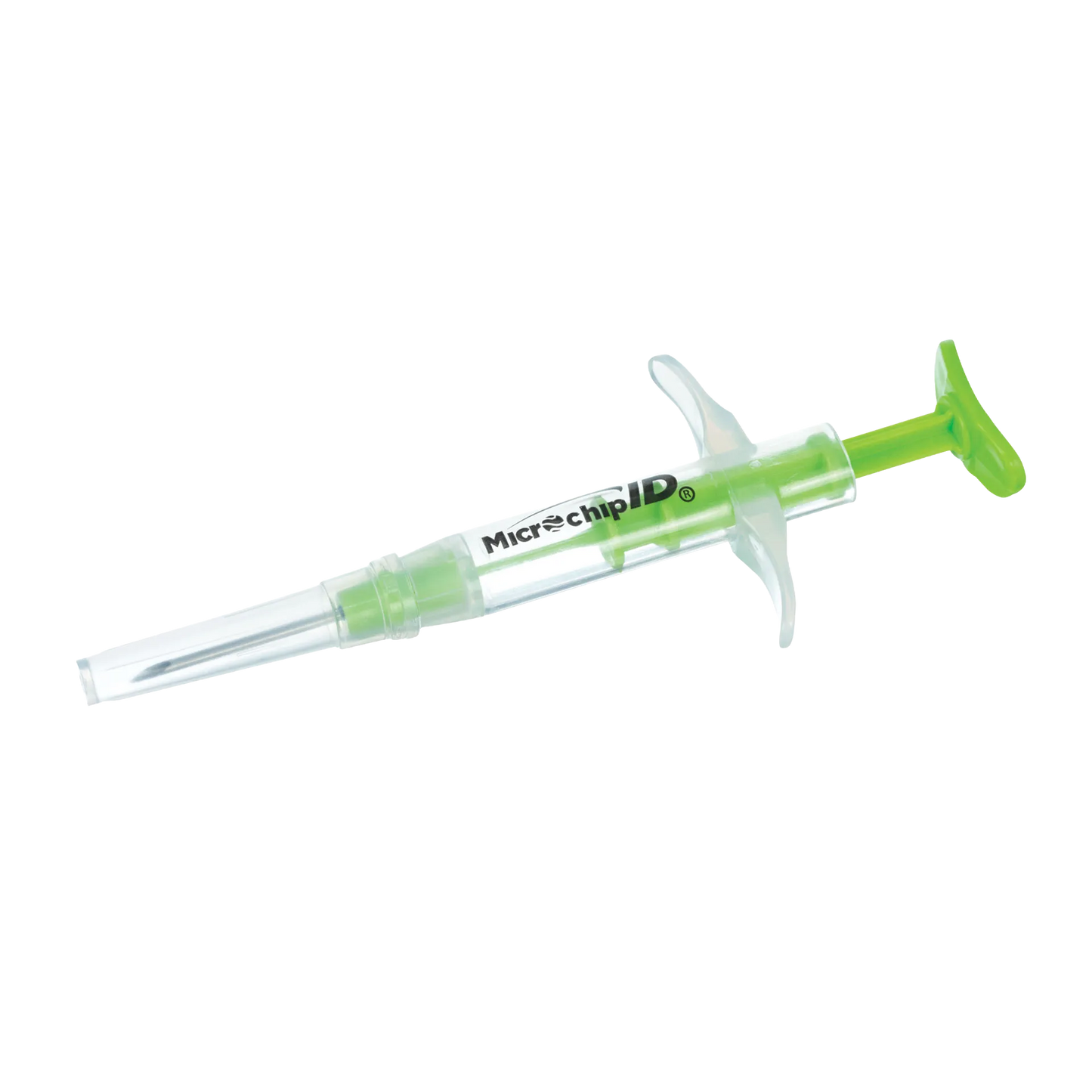 USDA 840-ID Official Microchip,"Clear microchip syringe with green plunger and needle cap"