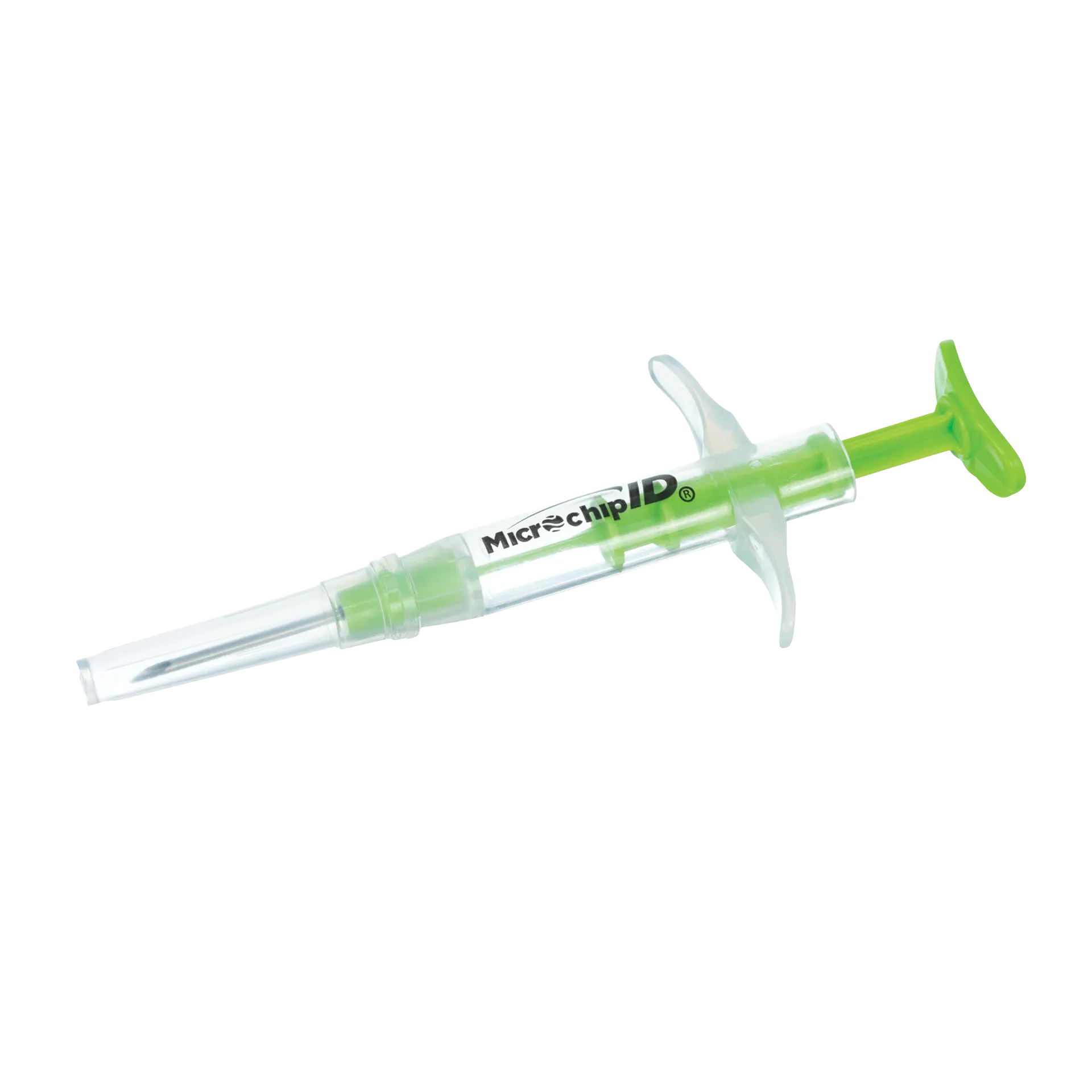 USDA 840-ID Official Microchip,"Clear microchip syringe with green plunger and needle cap"