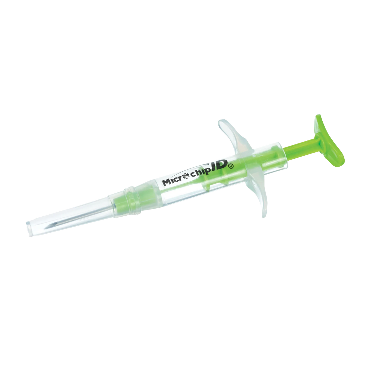 USDA 840-ID Official Microchip,"Clear microchip syringe with green plunger and needle cap"