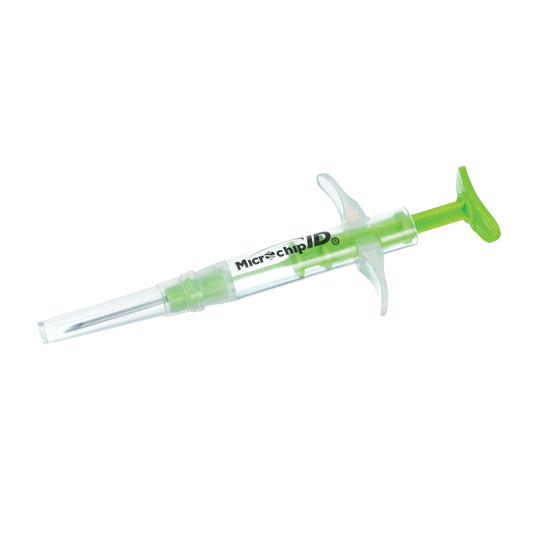 USDA 840-ID Official Microchip,"Clear microchip syringe with green plunger and needle cap"