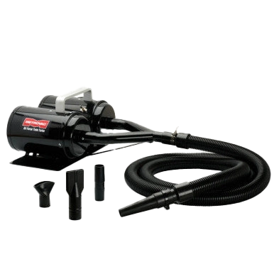 Air Force Twin Turbo High Velocity Dryer,"Black pet dryer with coiled hose and nozzle attachments"