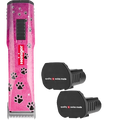 Pink Paws Saphir Cordless Clipper Two Batteries by Heiniger,"Pink clipper with paw print design and two black batteries"