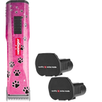 Pink Paws Saphir Cordless Clipper Two Batteries by Heiniger,"Pink clipper with paw print design and two black batteries"