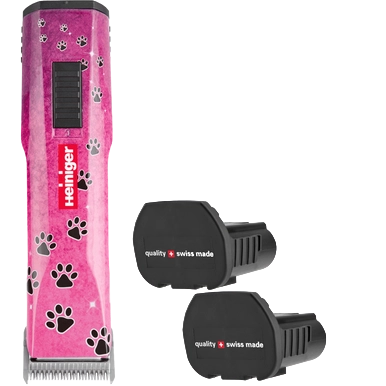 Pink Paws Saphir Cordless Clipper Two Batteries by Heiniger,"Pink clipper with paw print design and two black batteries"