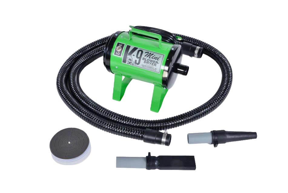 Mini K-9 Dog Dryer,"Green dryer with hose, nozzles, and round filter"