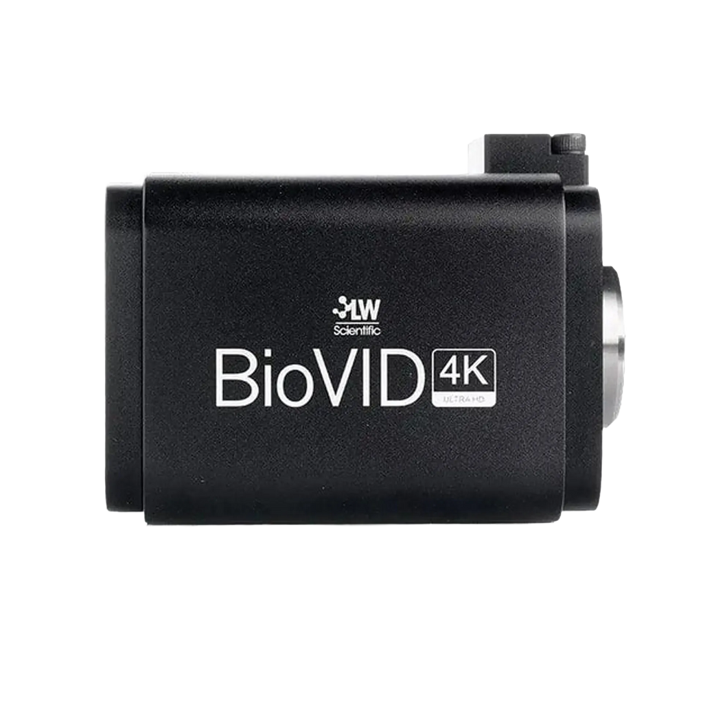 BioVID 4K 8MP Ultra HD Microscope Camera,"Black microscope camera side view with silver lens mount"