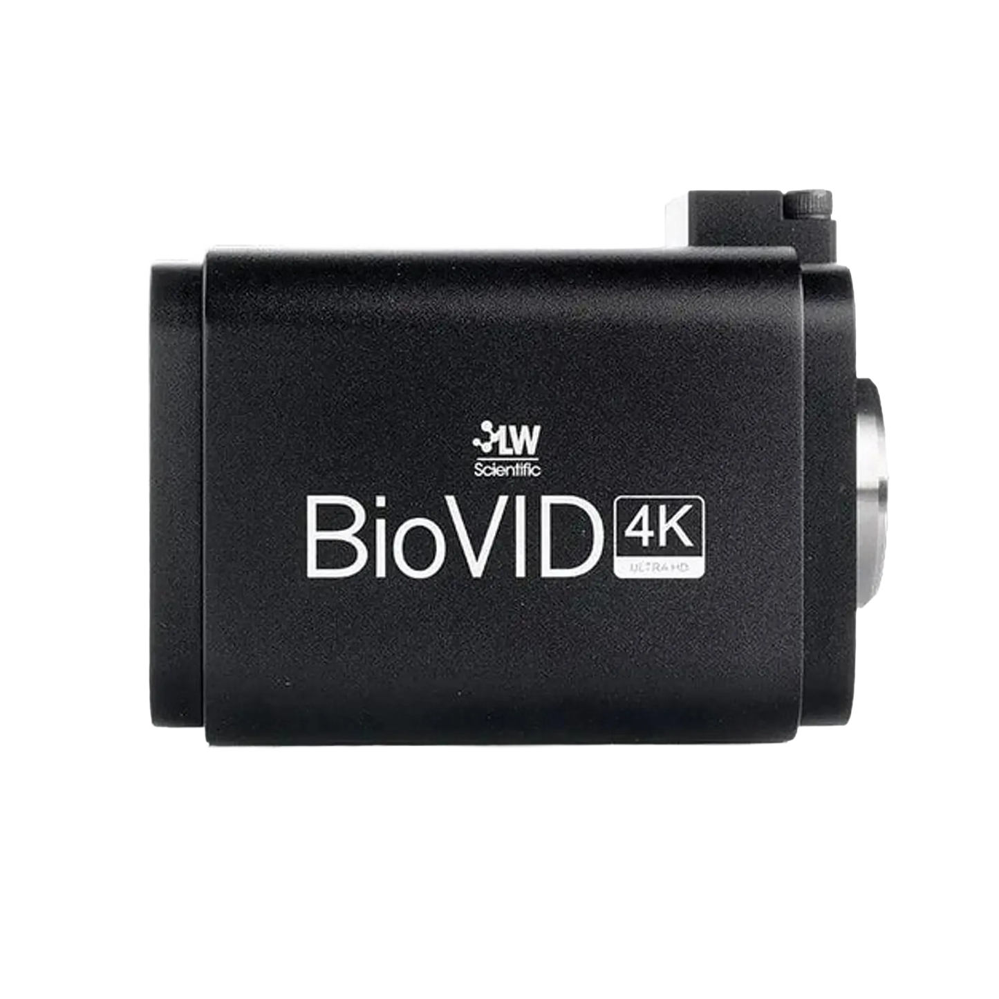 BioVID 4K 8MP Ultra HD Microscope Camera,"Black microscope camera side view with silver lens mount"