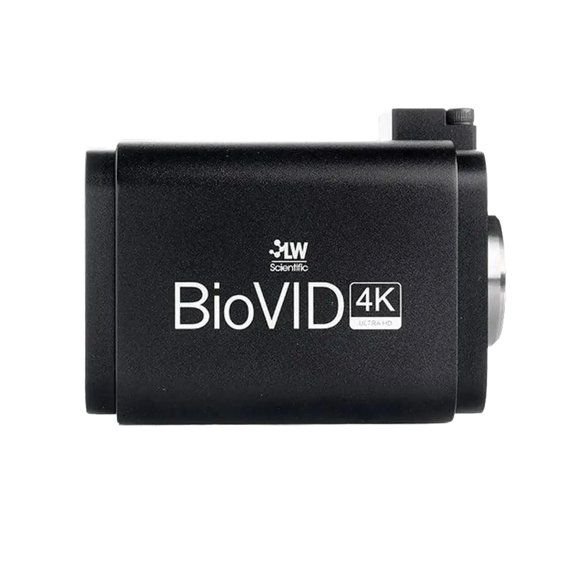 BioVID 4K 8MP Ultra HD Microscope Camera,"Black microscope camera side view with silver lens mount"
