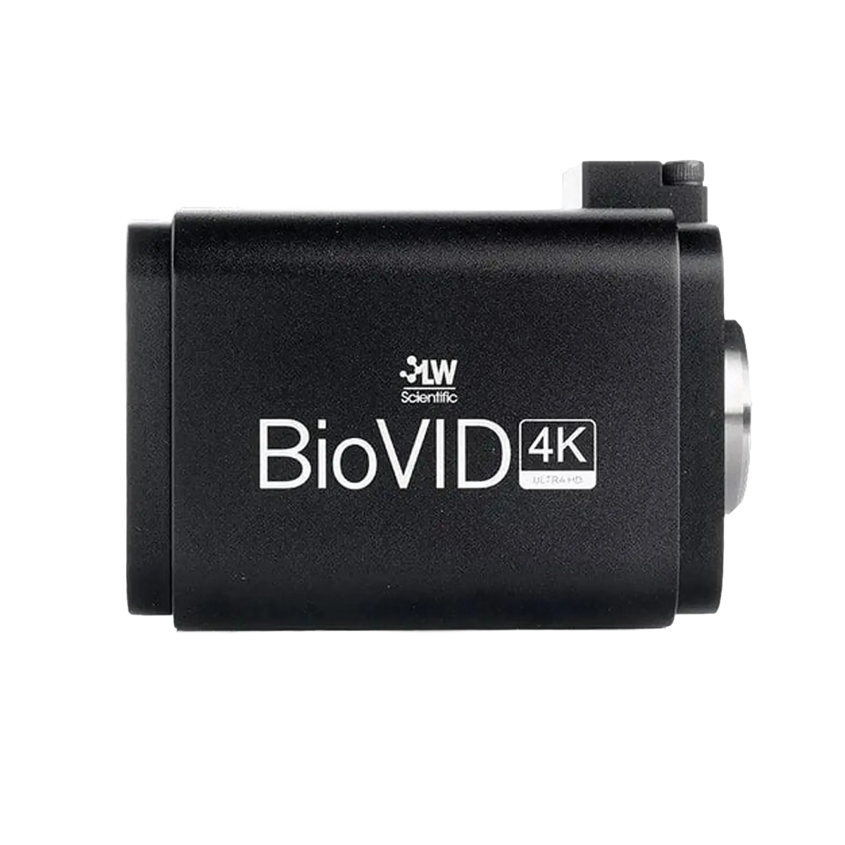 BioVID 4K 8MP Ultra HD Microscope Camera,"Black microscope camera side view with silver lens mount"