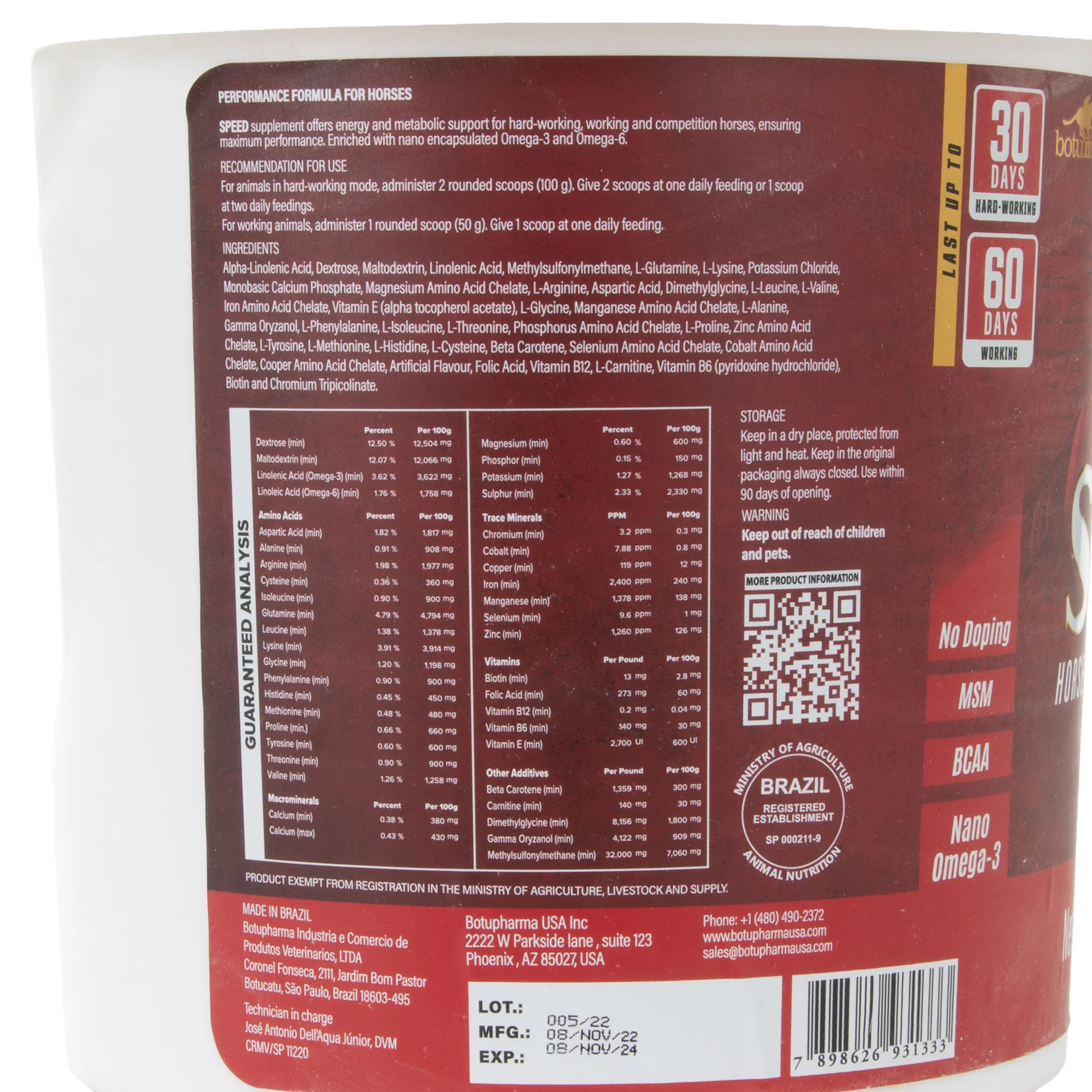 BotuMix Speed Powder,"Back view of supplement tub with label panel and barcode"