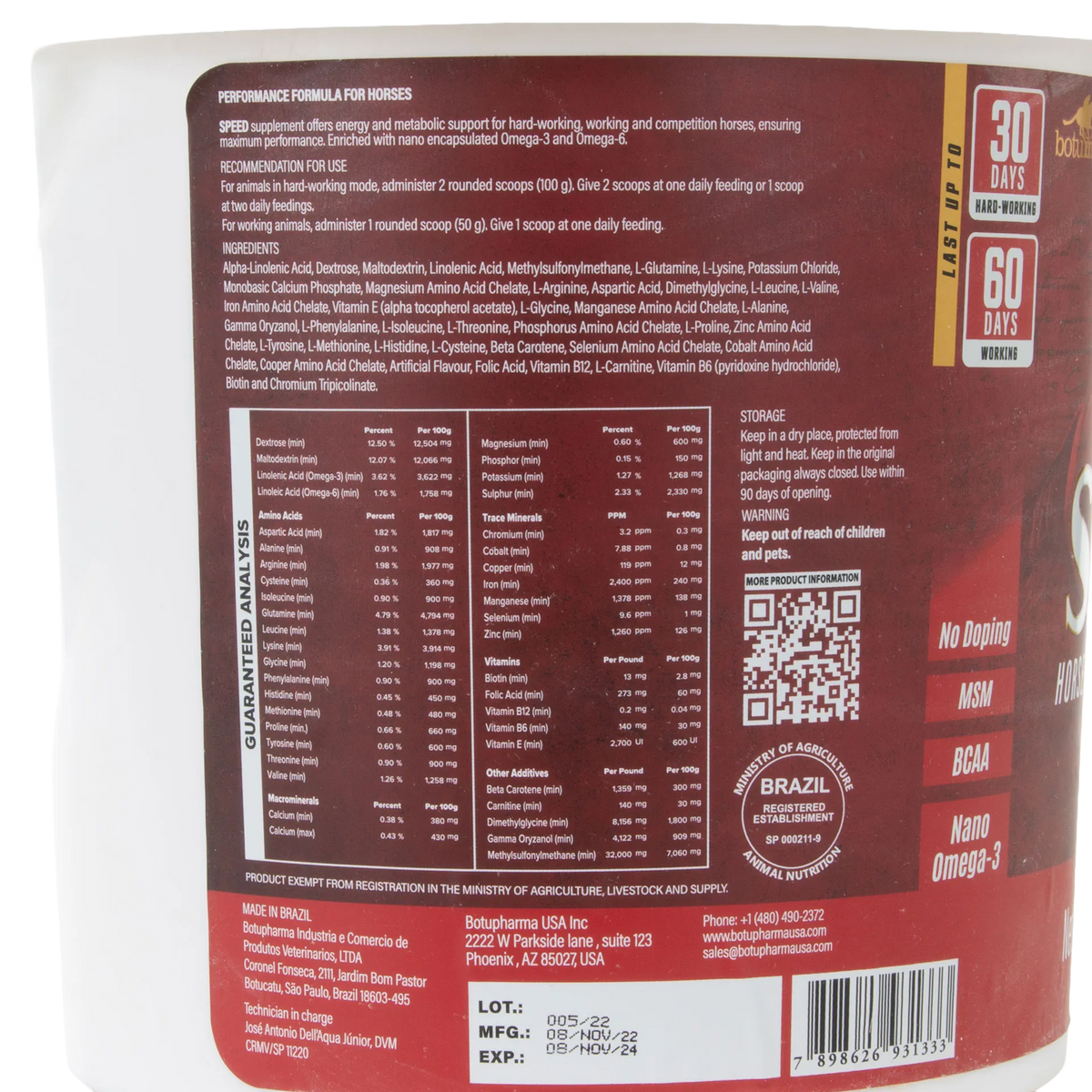 BotuMix Speed Powder,"Back view of supplement tub with label panel and barcode"