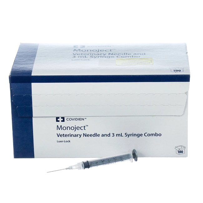 3cc MonoJect™ Syringes with 22 gauge Needles,"Box of syringe and needle combo with single syringe in front"
