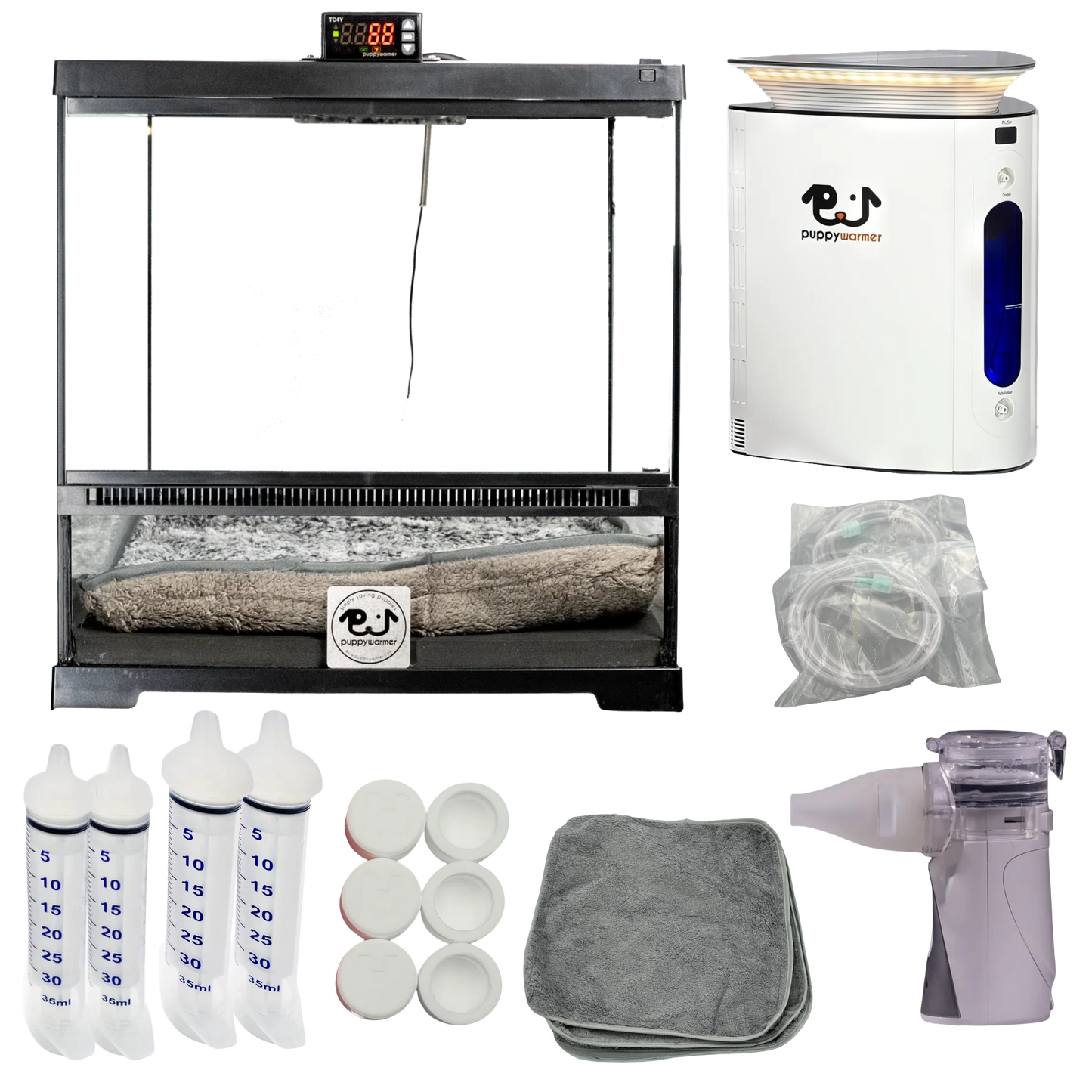 Puppywarmer Bundles,"Warming unit bundle with enclosure, humidifier, bottles, tubing, towels, and mask"