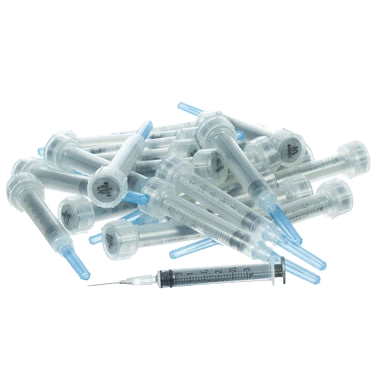 3cc MonoJect™ Syringes with 22 gauge Needles,"Pile of clear syringes with blue needle caps"
