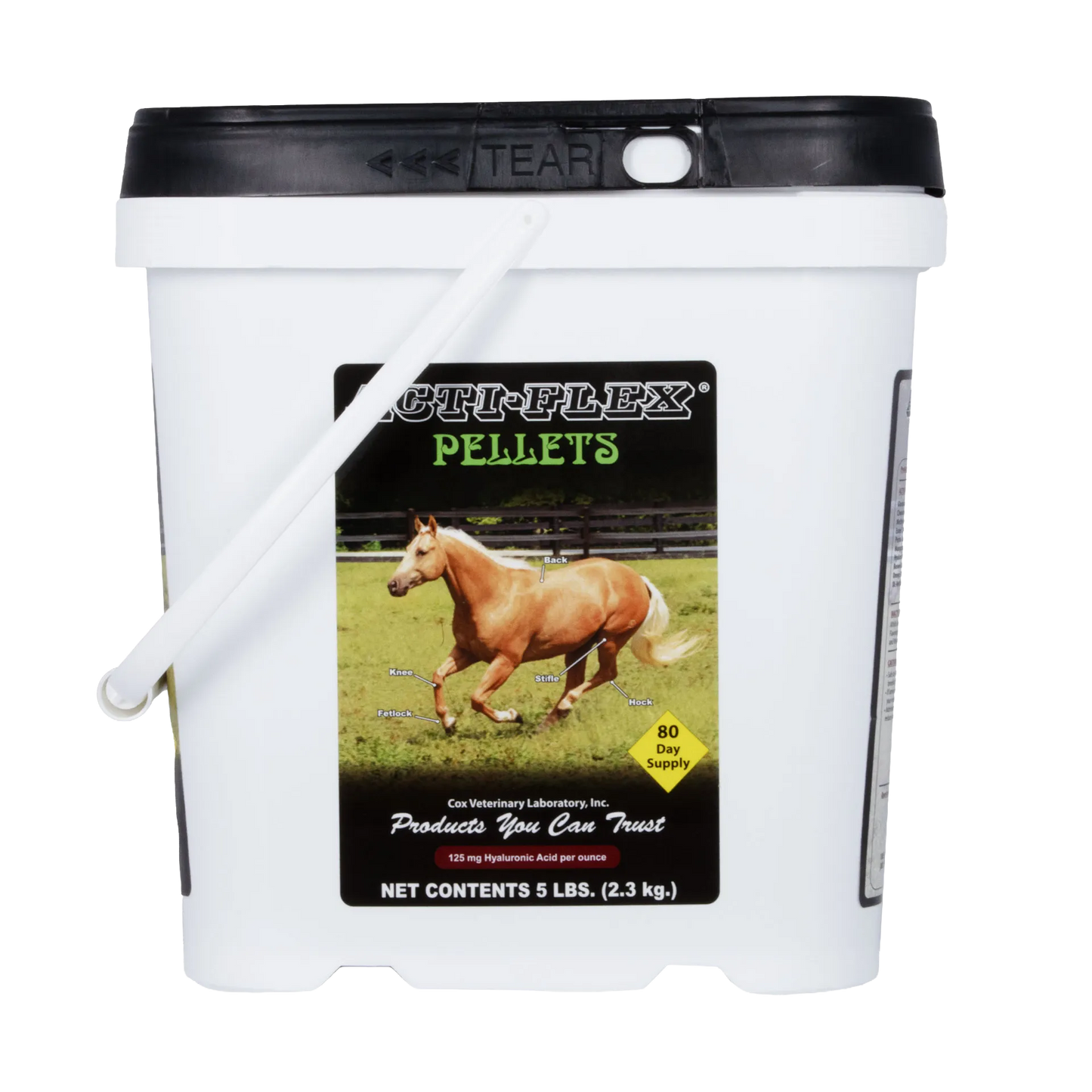 Acti-Flex Pellets for Horses,"White bucket with black lid and front horse label"
