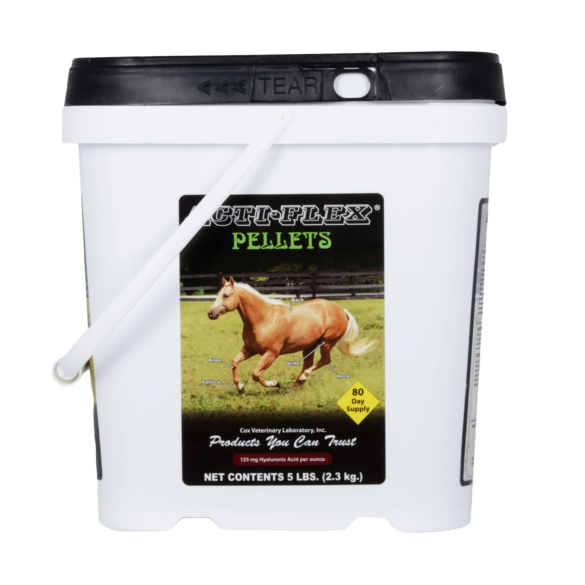 Acti-Flex Pellets for Horses,"White bucket with black lid and front horse label"