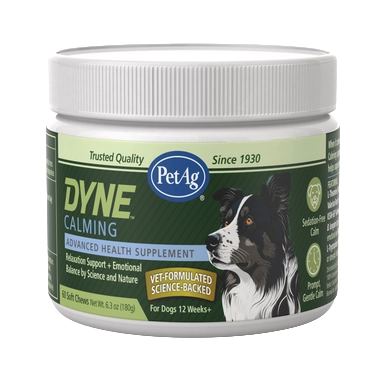 PetAg Dyne Soft Chews Calming Support and Stress Relief,"Plastic supplement jar with white lid and dog label"