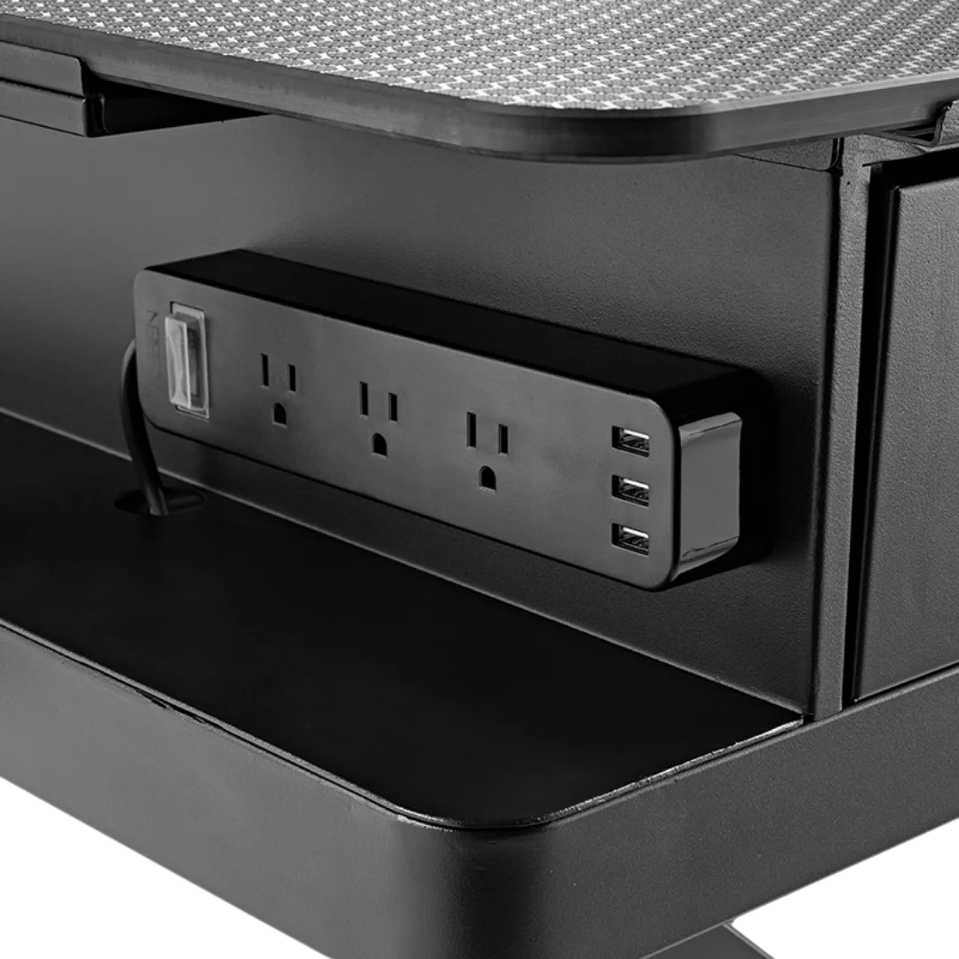 "50"" Dog Grooming 999P Electric Table with Drawer by Waggz","Close-up of built-in power outlet panel with USB ports and drawer"