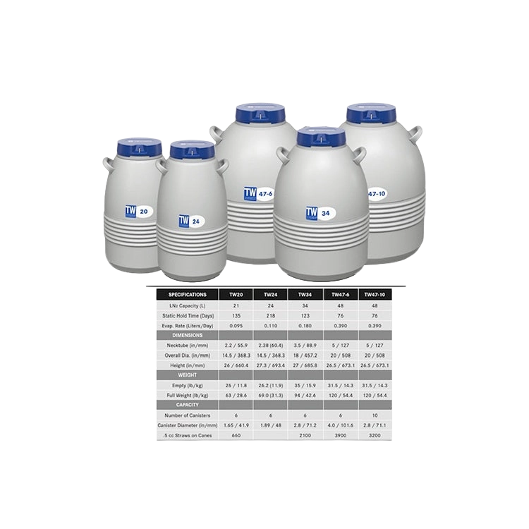 Taylor Wharton TW Series,"Five cryogenic storage containers with blue lids and spec table"