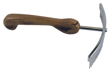 Aaronco Rake Superior Star Dematter,"Wooden handle grooming rake with curved metal head"
