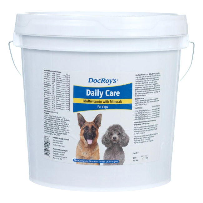 Doc Roy's® Daily Care Canine,"White plastic bucket with handle and dog label"
