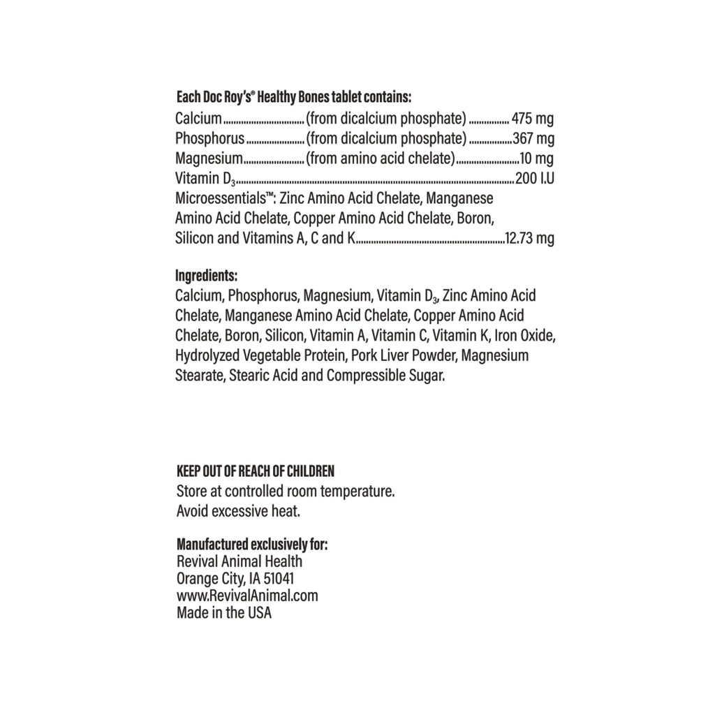 Doc Roy's® Healthy Bones - Bone Health Vitamins for Dogs & Cats,"Back label with supplement facts and ingredients panel"