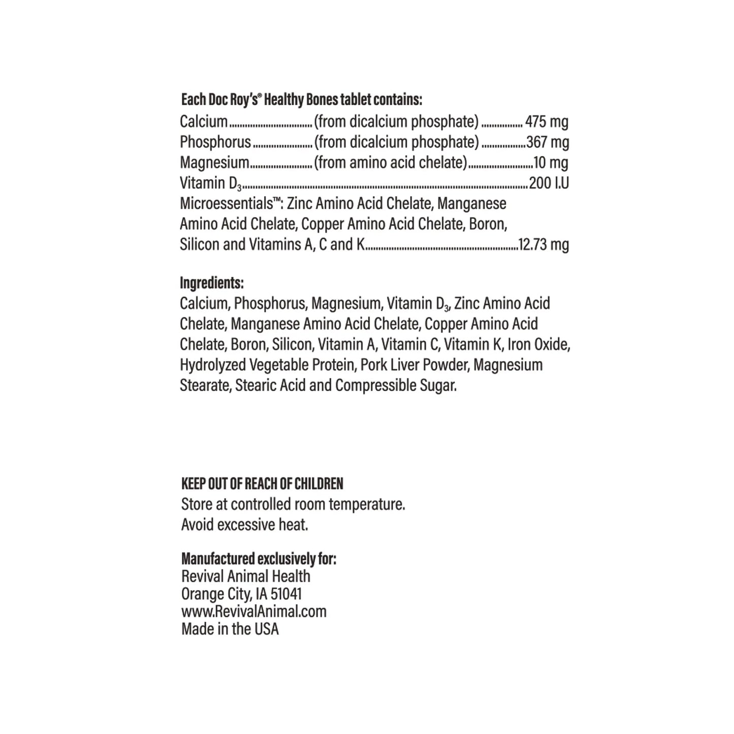 Doc Roy's® Healthy Bones - Bone Health Vitamins for Dogs & Cats,"Back label with supplement facts and ingredients panel"