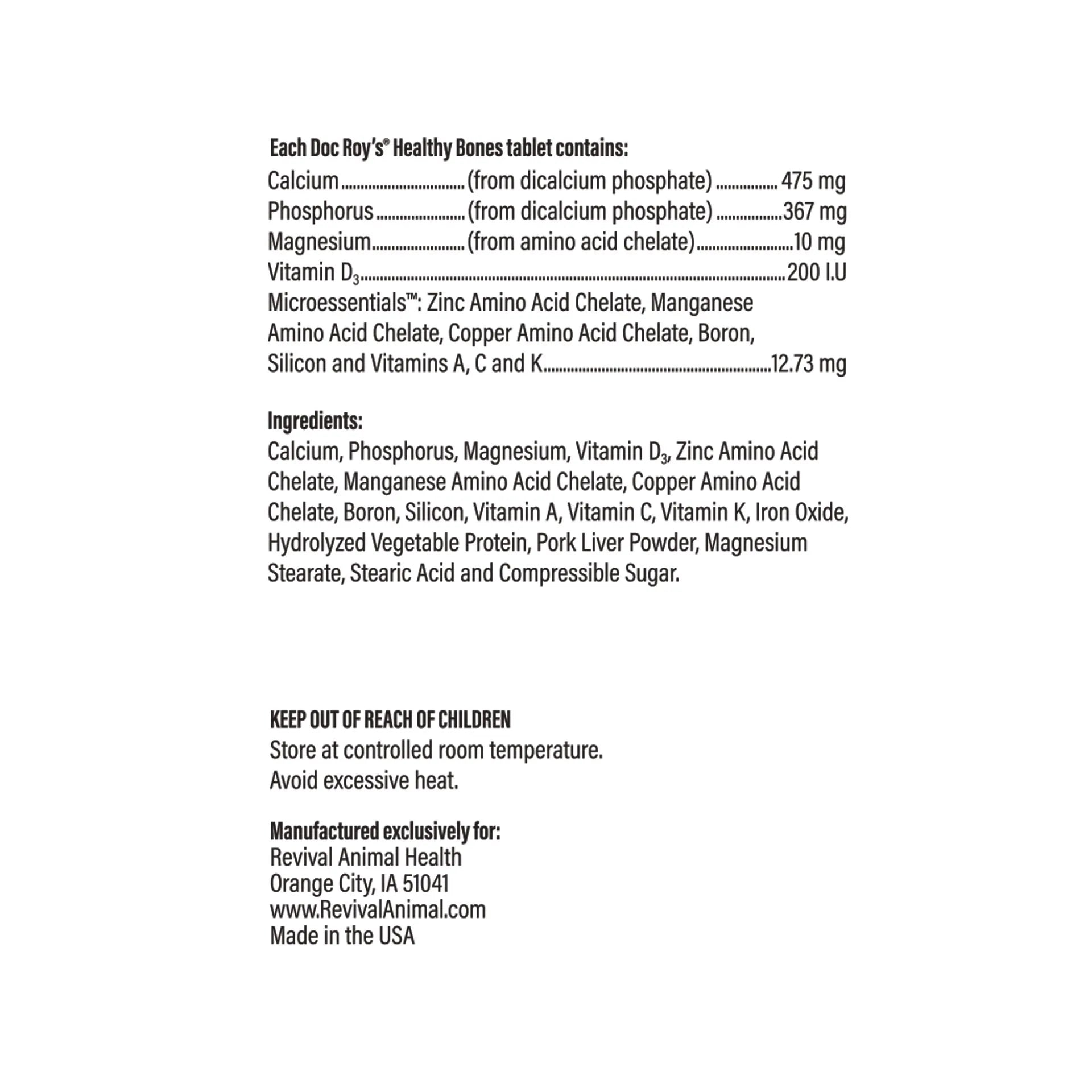 Doc Roy's® Healthy Bones - Bone Health Vitamins for Dogs & Cats,"Back label with supplement facts and ingredients panel"