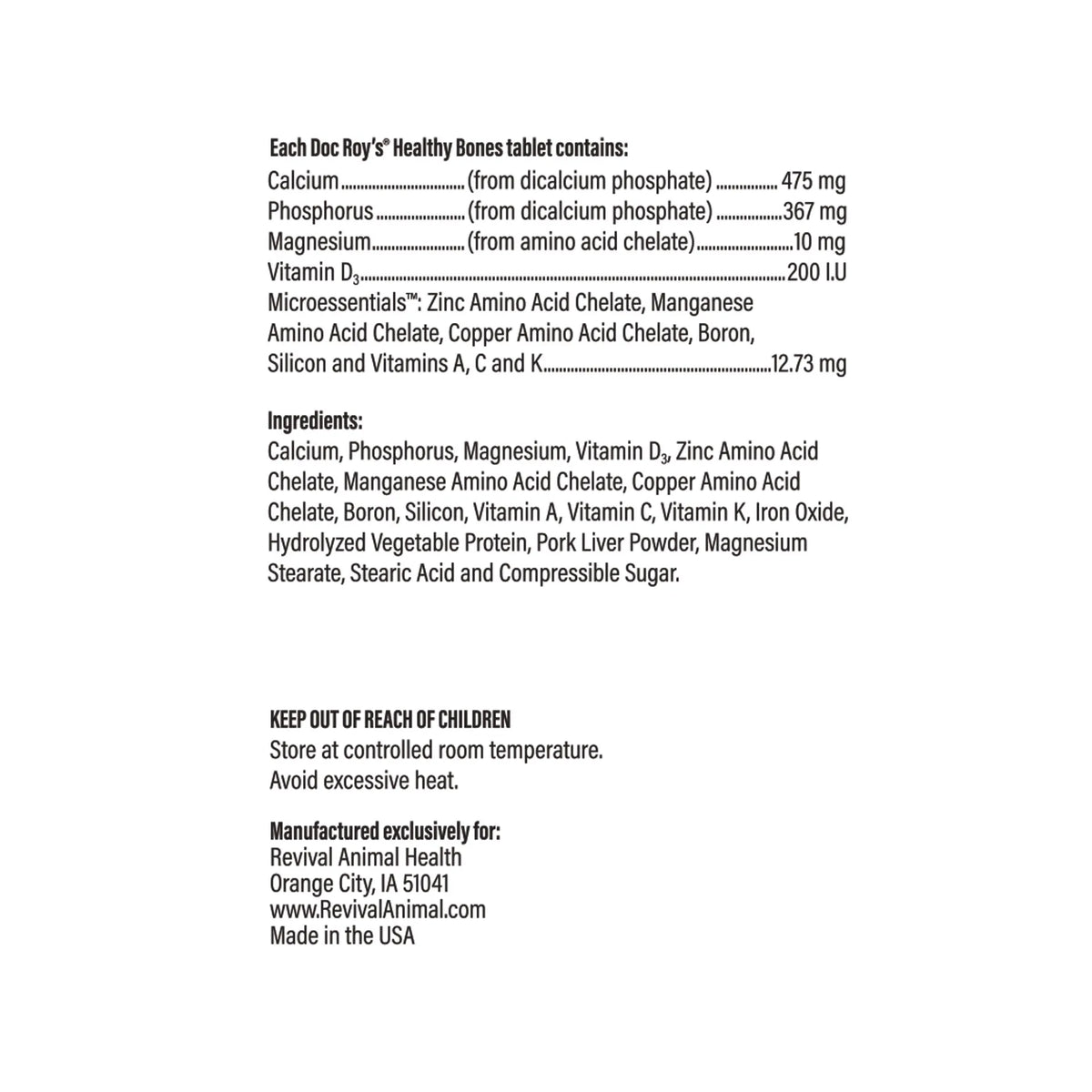 Doc Roy's® Healthy Bones - Bone Health Vitamins for Dogs & Cats,"Back label with supplement facts and ingredients panel"