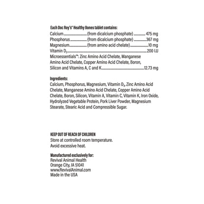 Doc Roy's® Healthy Bones - Bone Health Vitamins for Dogs & Cats,"Back label with supplement facts and ingredients panel"